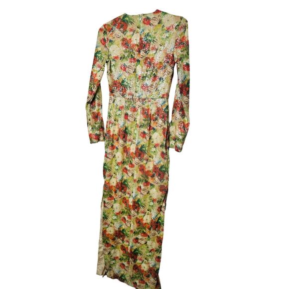 ROSETTA GETTY Multicolored Floral Crepe De Chine Sequin Long Sleeve Gown Size 0 - Picture 6 of 16